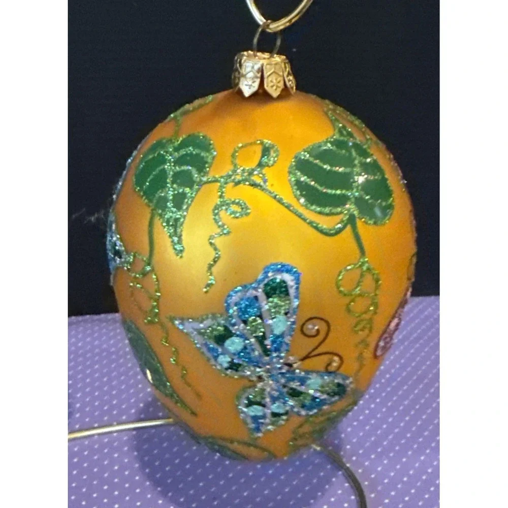 Butterfly Vines Christmas Glass Gold Colorful Oval Shape Ornament Holiday Poland
